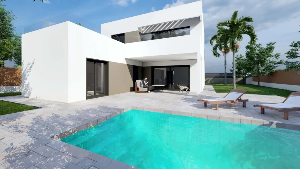 Recreación 3D del modelo GOLF: casa blanca de dos plantas con pérgola en la terraza y piscina