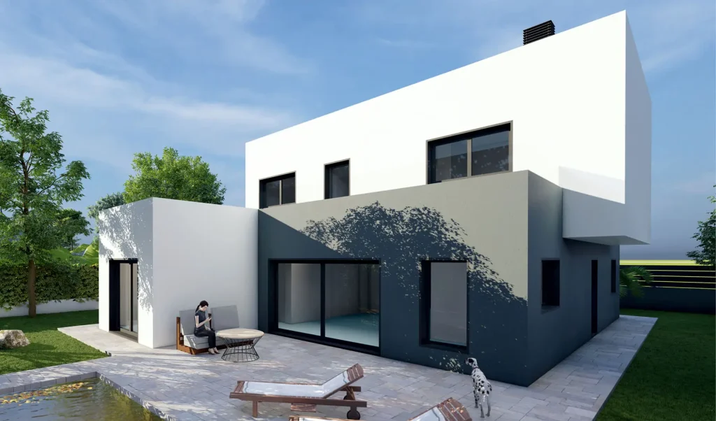 Recreación 3D del modelo MONACILLA: casa de dos plantas en blanco y gris con patio y piscina
