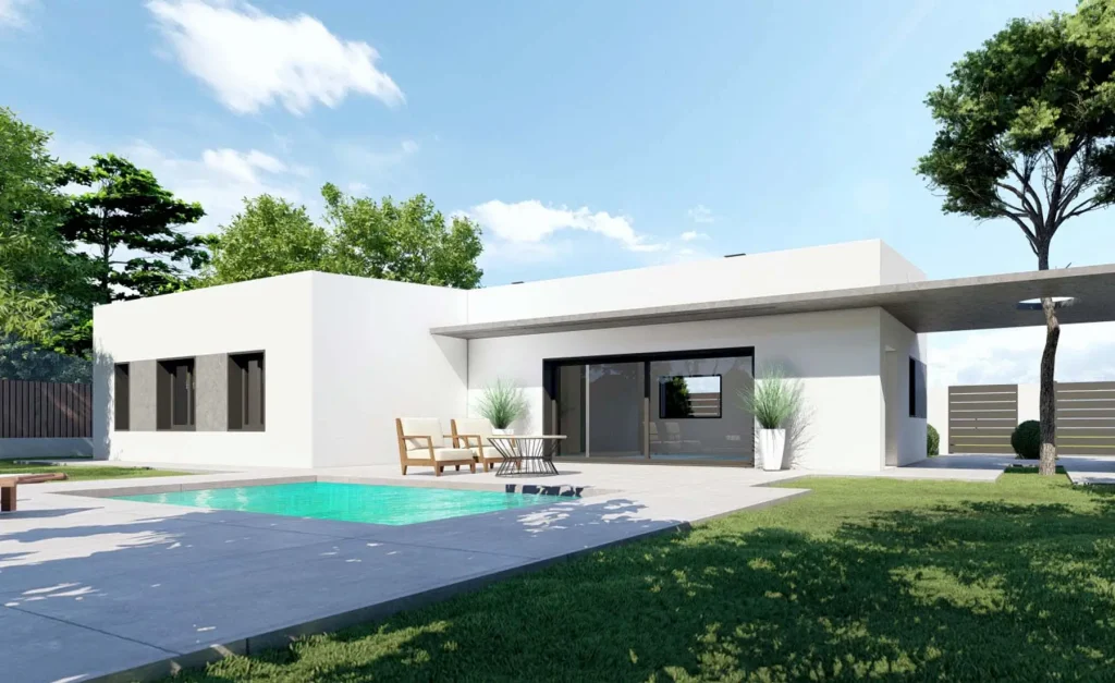 Recreación 3D del modelo VALDELA: casa blanca de una planta con porche cubierto y piscina