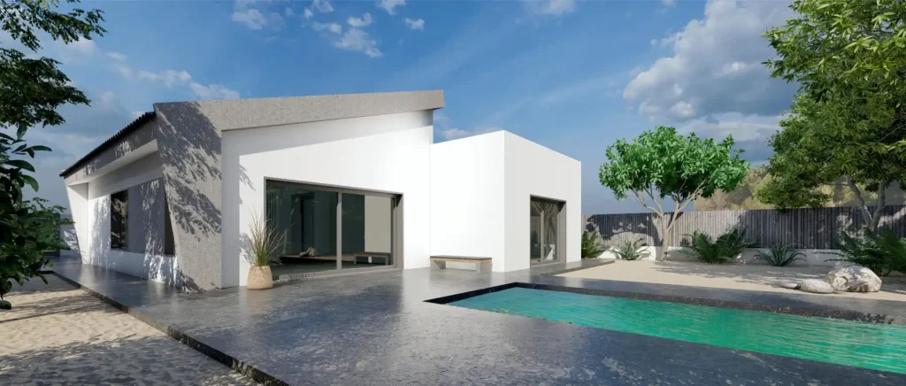 Recreación 3D del modelo GUIJOGRA: casa de una planta con cubierta inclinada y piscina