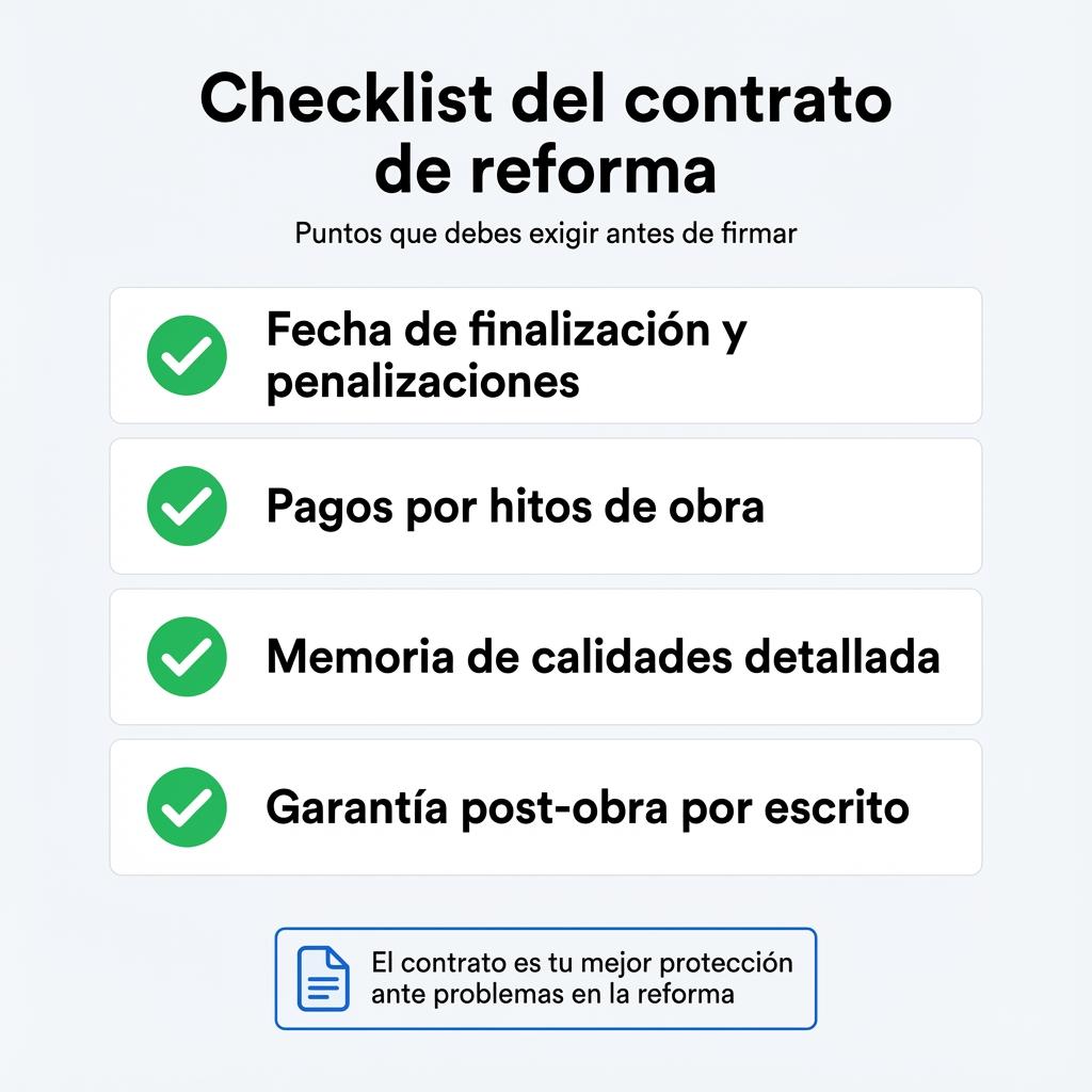 Checklist visual con los puntos clave que debe incluir el contrato de una reforma