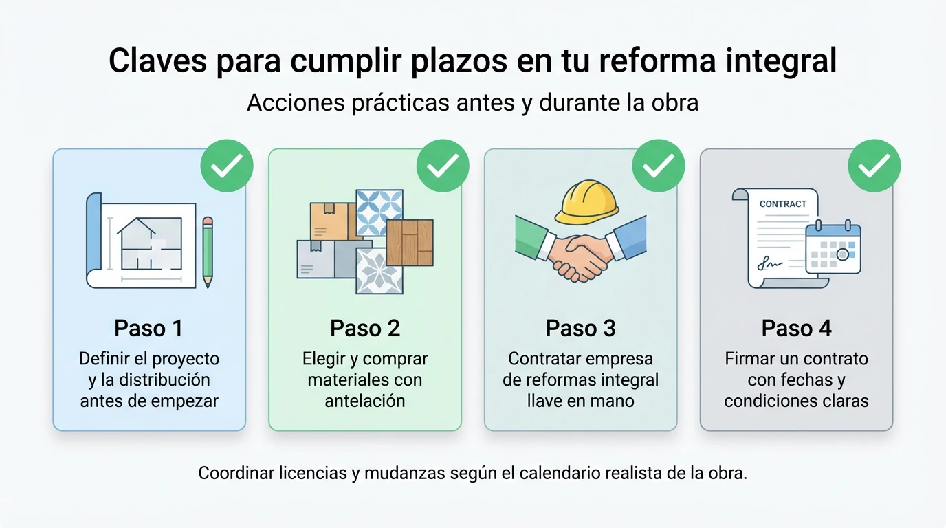 Diagrama con checklist visual de acciones para evitar retrasos en una reforma integral