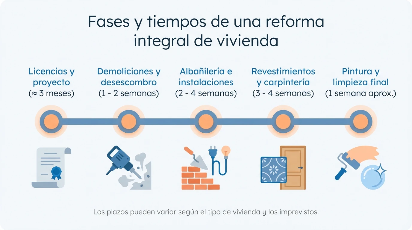 Diagrama con la línea de tiempo de las principales fases y duración aproximada de una reforma integral