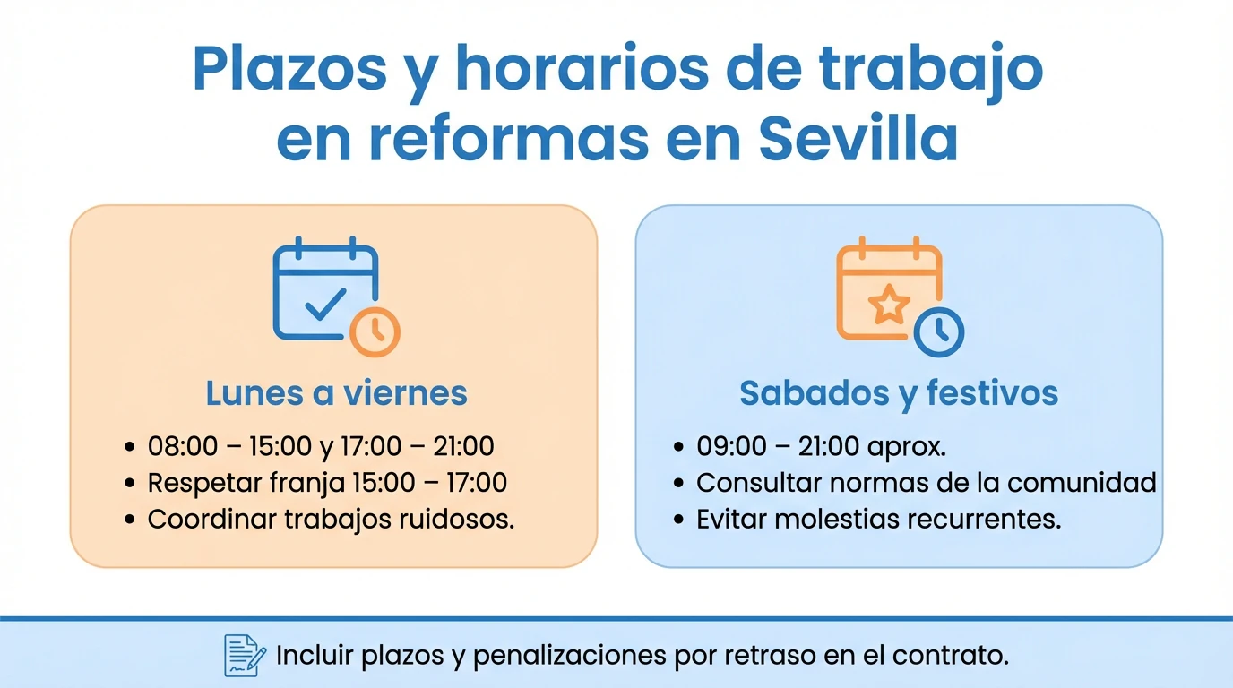 Diagrama con tarjetas que resumen horarios de trabajo permitidos para reformas en Sevilla y la importancia de fijar plazos