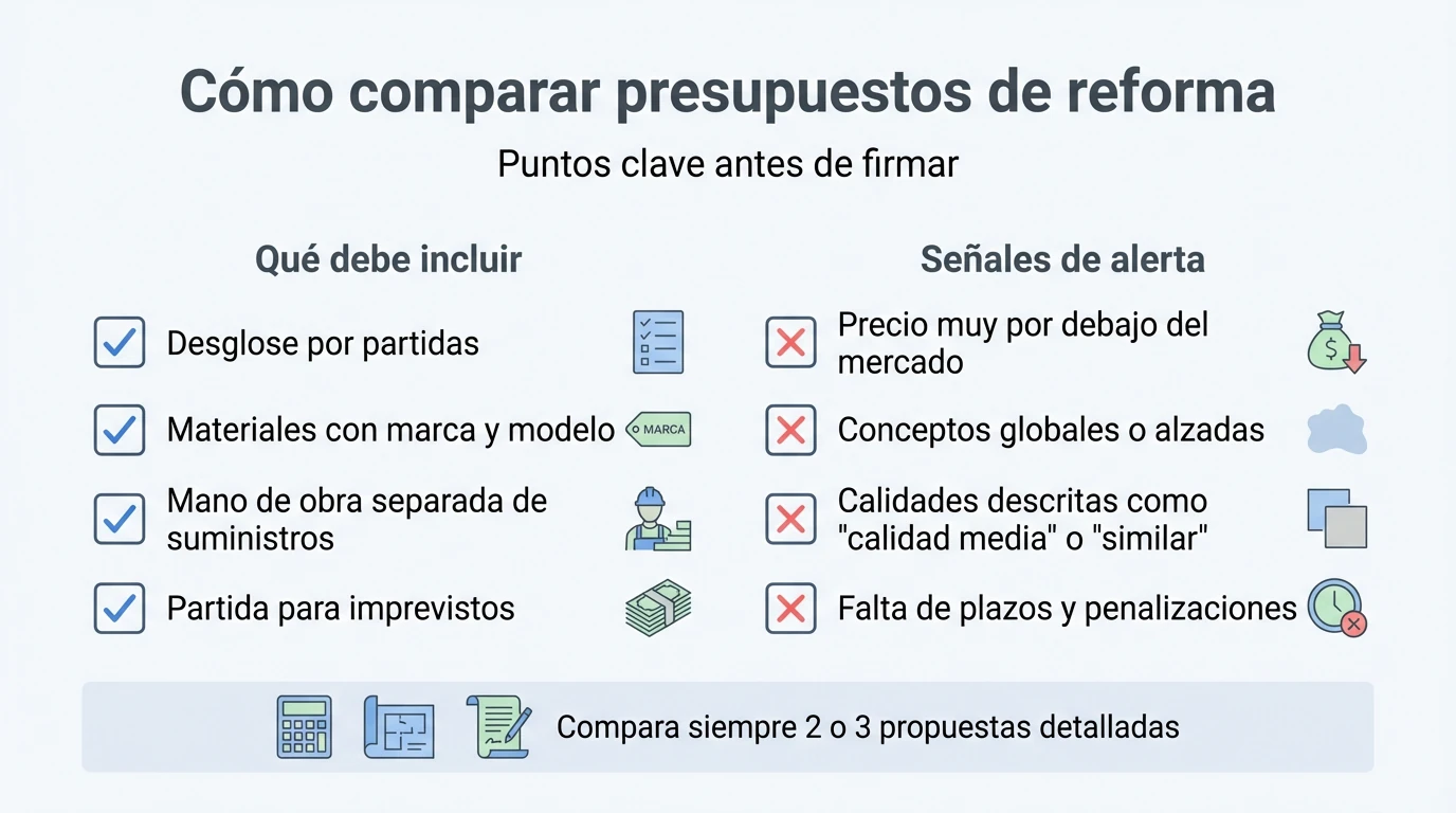 Infografía checklist con claves para comparar presupuestos de obra y detectar señales de alerta