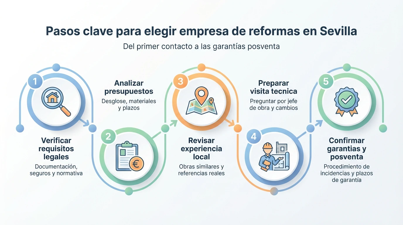 Infografía con cinco pasos clave para elegir una empresa de reformas en Sevilla desde los requisitos legales hasta las garantías