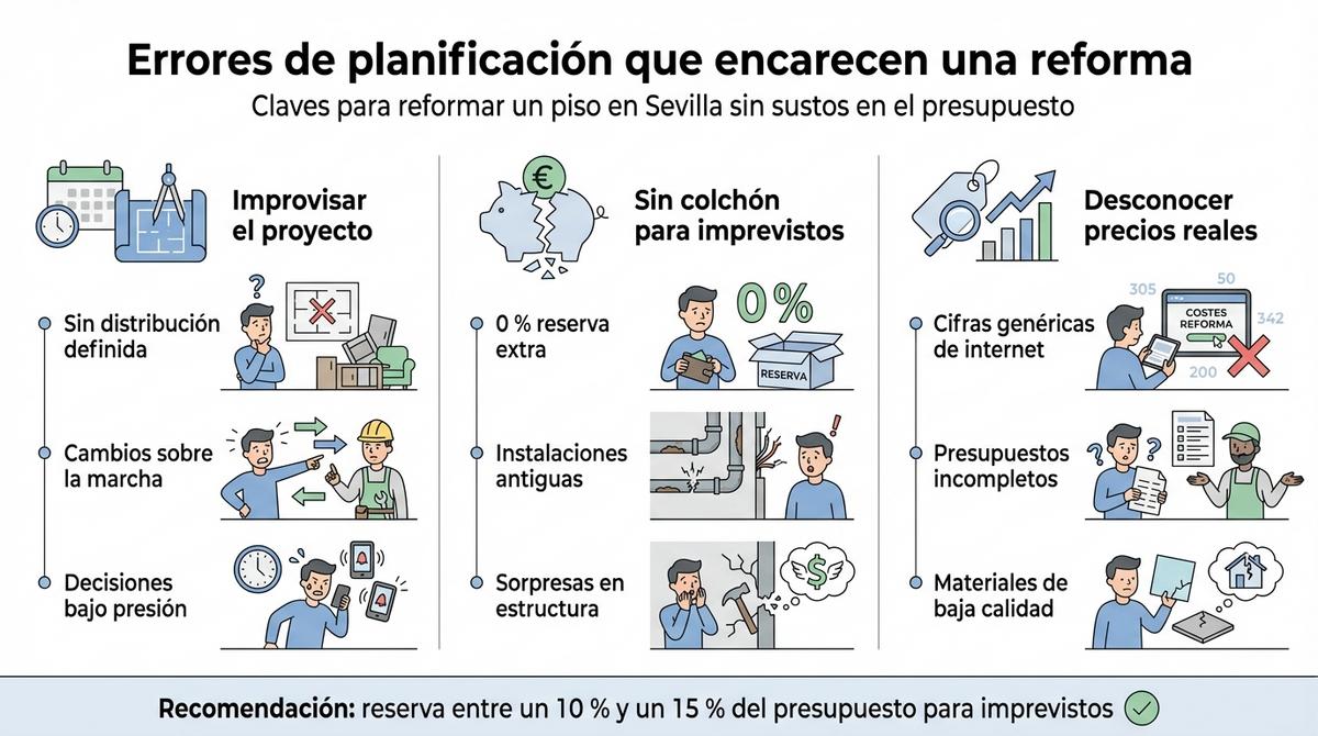 Infografía con los errores de planificación y presupuesto más habituales al reformar un piso
