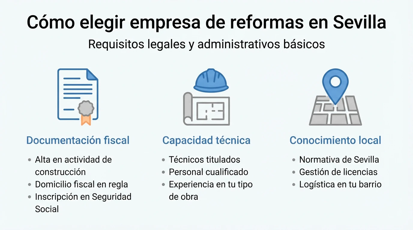 Infografía con tres columnas que resumen requisitos legales y técnicos para elegir empresa de reformas en Sevilla