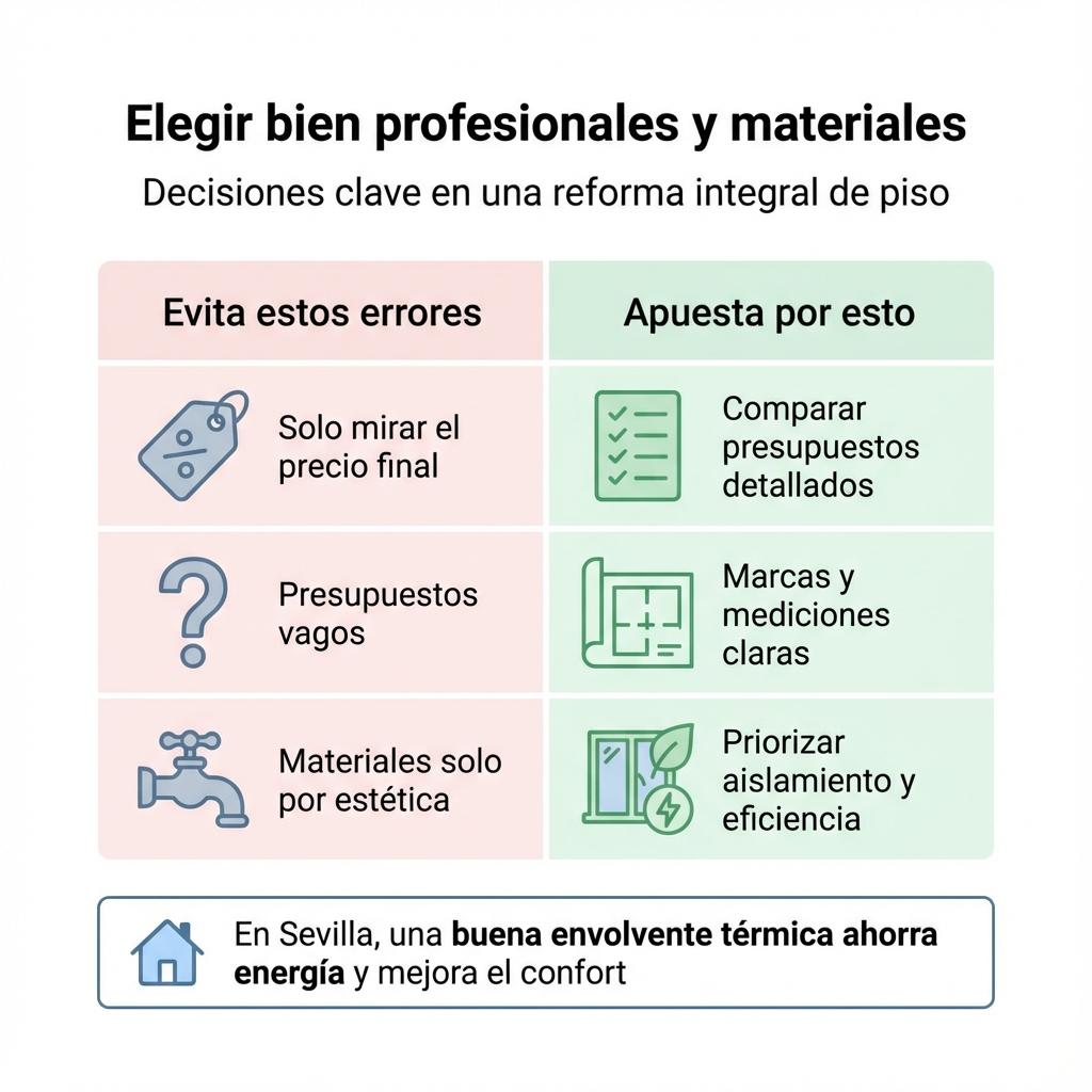 Infografía que compara errores y buenas prácticas al elegir empresa de reformas y materiales