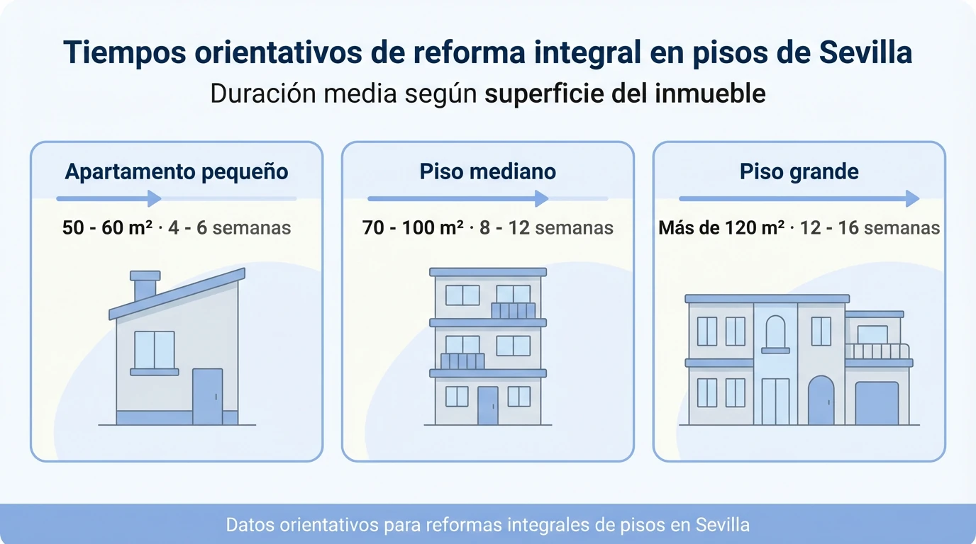 Infografía que compara los tiempos de reforma integral según el tamaño del piso en Sevilla
