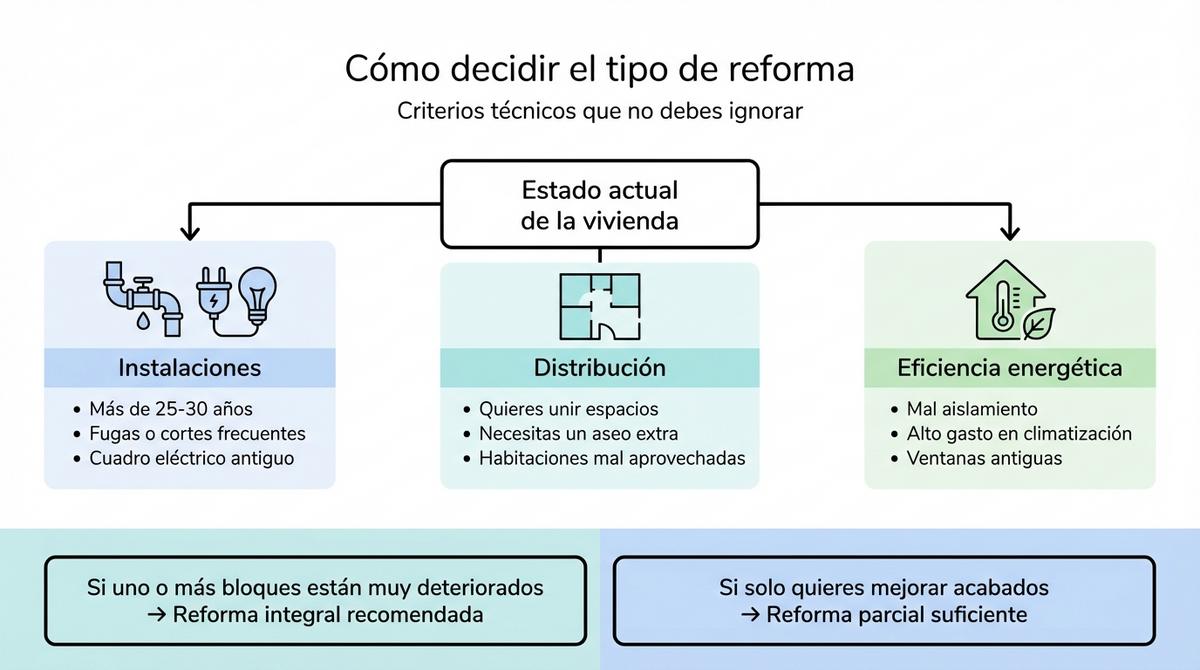 Diagrama con árbol de decisión sobre criterios técnicos para elegir tipo de reforma en una vivienda