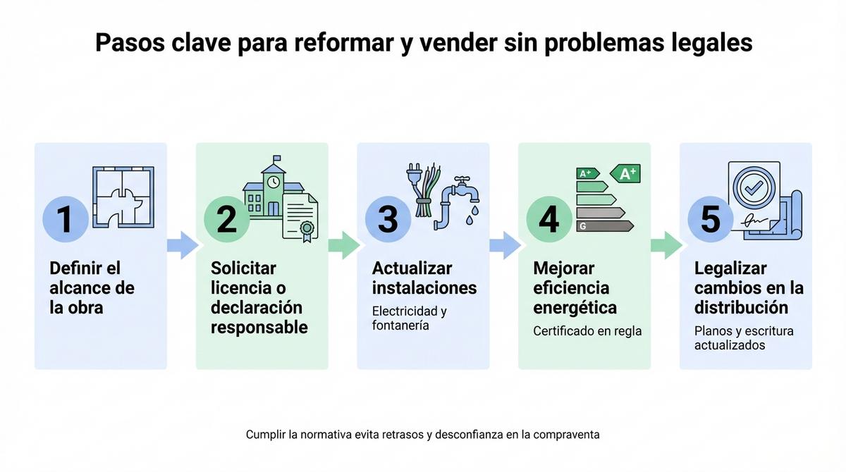 Diagrama de flujo con los pasos clave para reformar una vivienda en Sevilla y vender sin problemas legales.