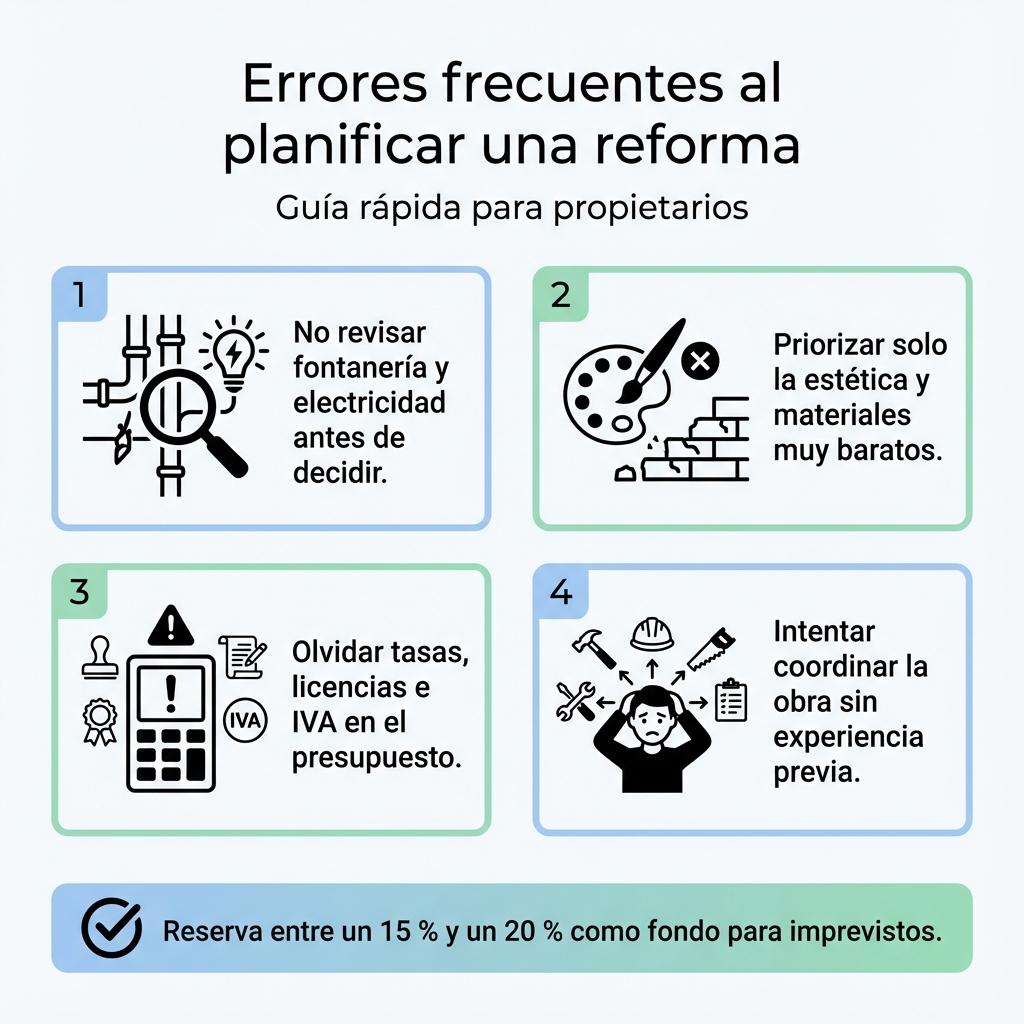 Diagrama tipo checklist con los errores más habituales al planificar una reforma de vivienda