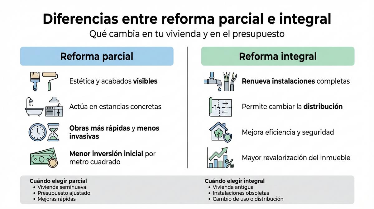 Infografía comparativa con columnas que resumen las diferencias entre reforma parcial y reforma integral