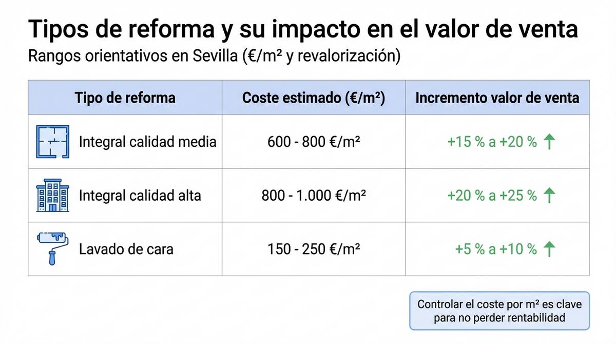 Infografía comparativa de tipos de reforma con su coste por metro cuadrado y aumento estimado del valor de venta en Sevilla.