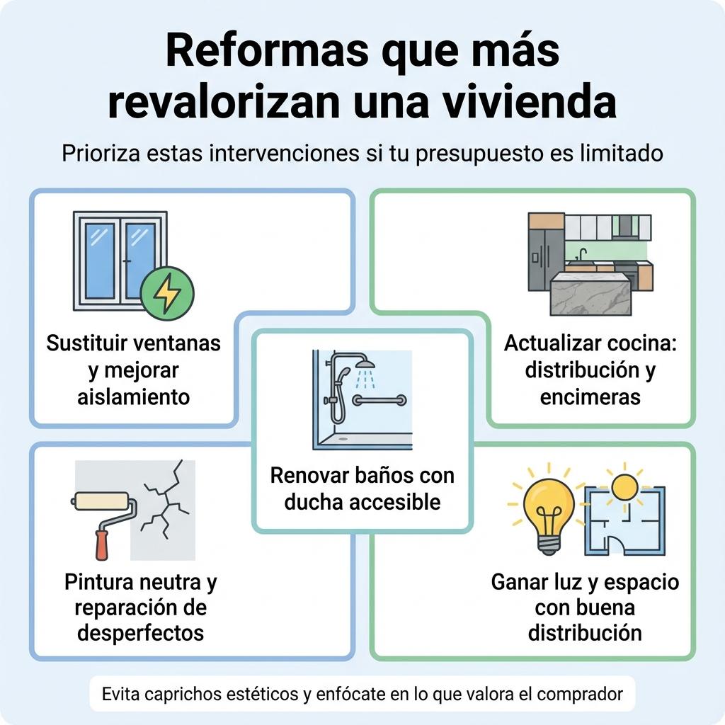 Infografía con las principales reformas que más revalorizan una vivienda como ventanas, cocina, baño, pintura y distribución.