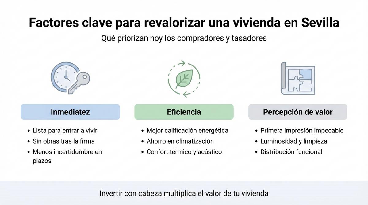 Infografía con los factores clave para revalorizar una vivienda en Sevilla agrupados en tres columnas.