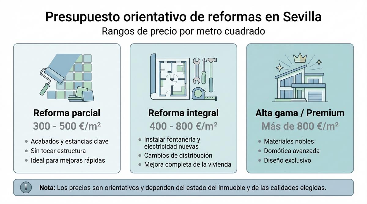 Infografía con tarjetas que muestran los rangos de precio por metro cuadrado de diferentes tipos de reformas en Sevilla