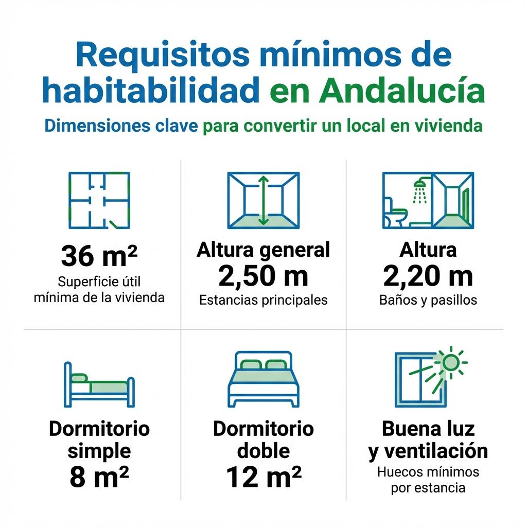 Cuadro visual con los principales requisitos de superficie, altura y estancias para que un local sea habitable como vivienda en Andalucía