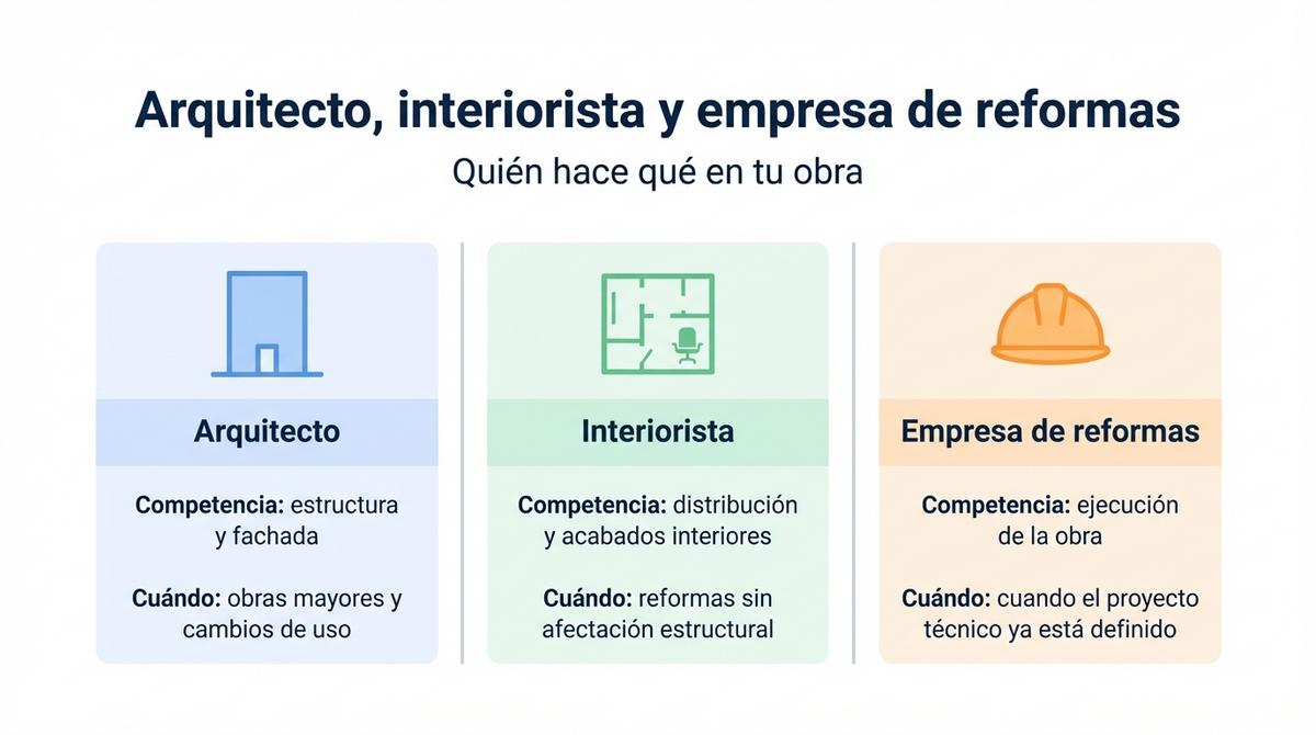 Diagrama comparativo de funciones entre arquitecto, interiorista y empresa de reformas