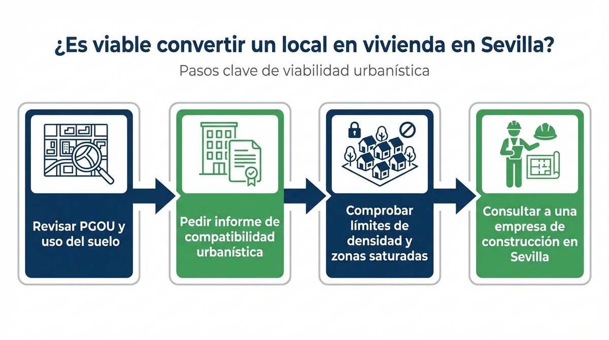 Diagrama de flujo con pasos para comprobar la viabilidad urbanística de convertir un local en vivienda en Sevilla