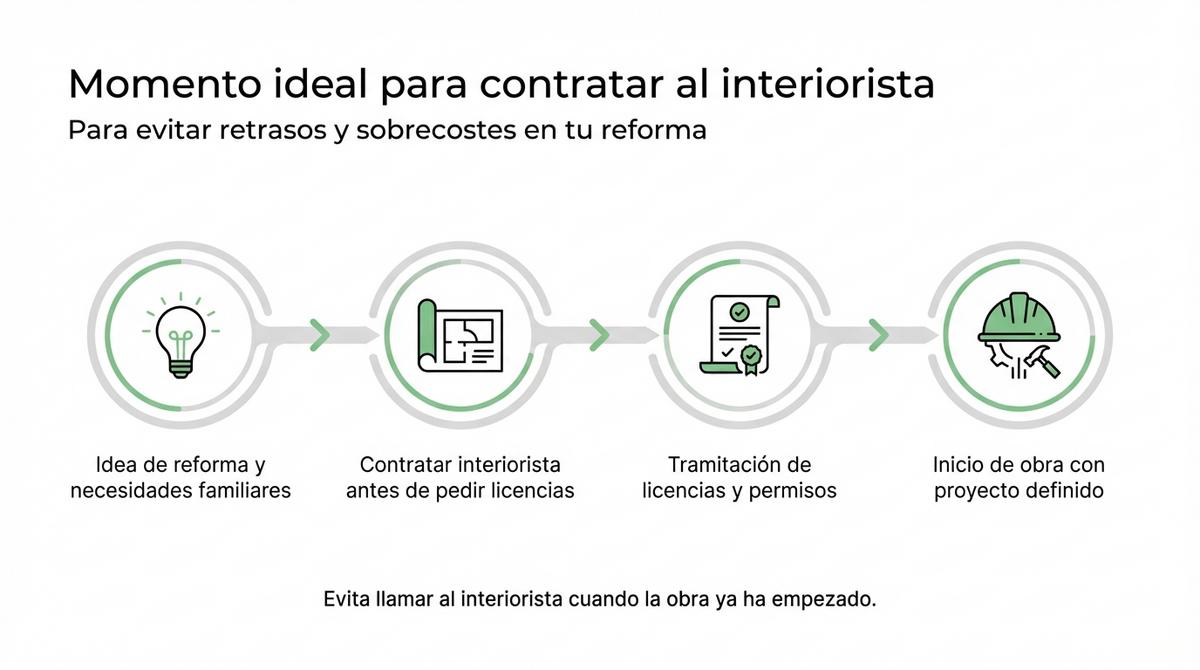 Diagrama de línea de tiempo con las fases para contratar un interiorista antes de una reforma