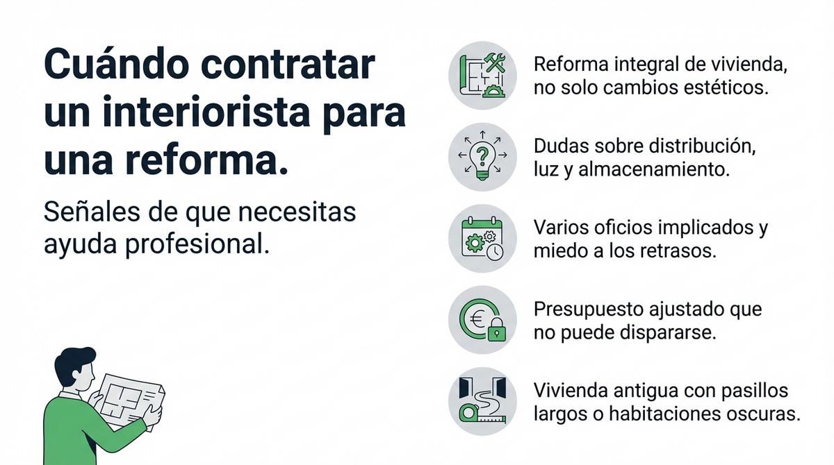 Infografía con checklist de situaciones en las que conviene contratar un interiorista para una reforma
