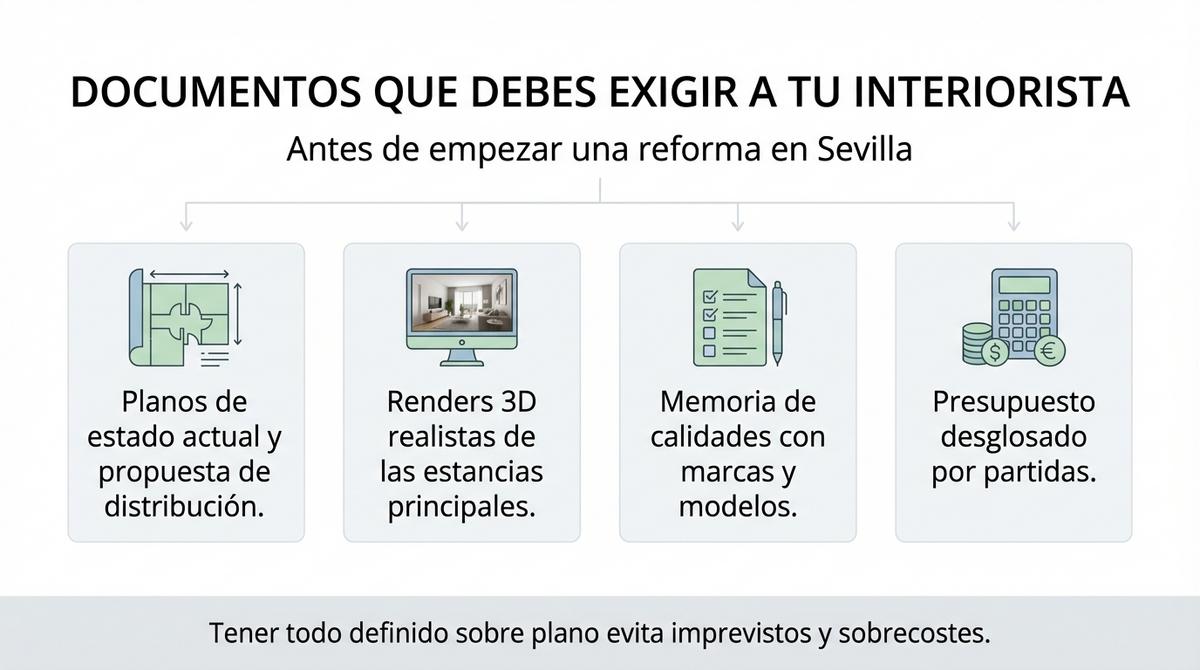 Infografía con los principales documentos que debe entregar un interiorista antes de una reforma
