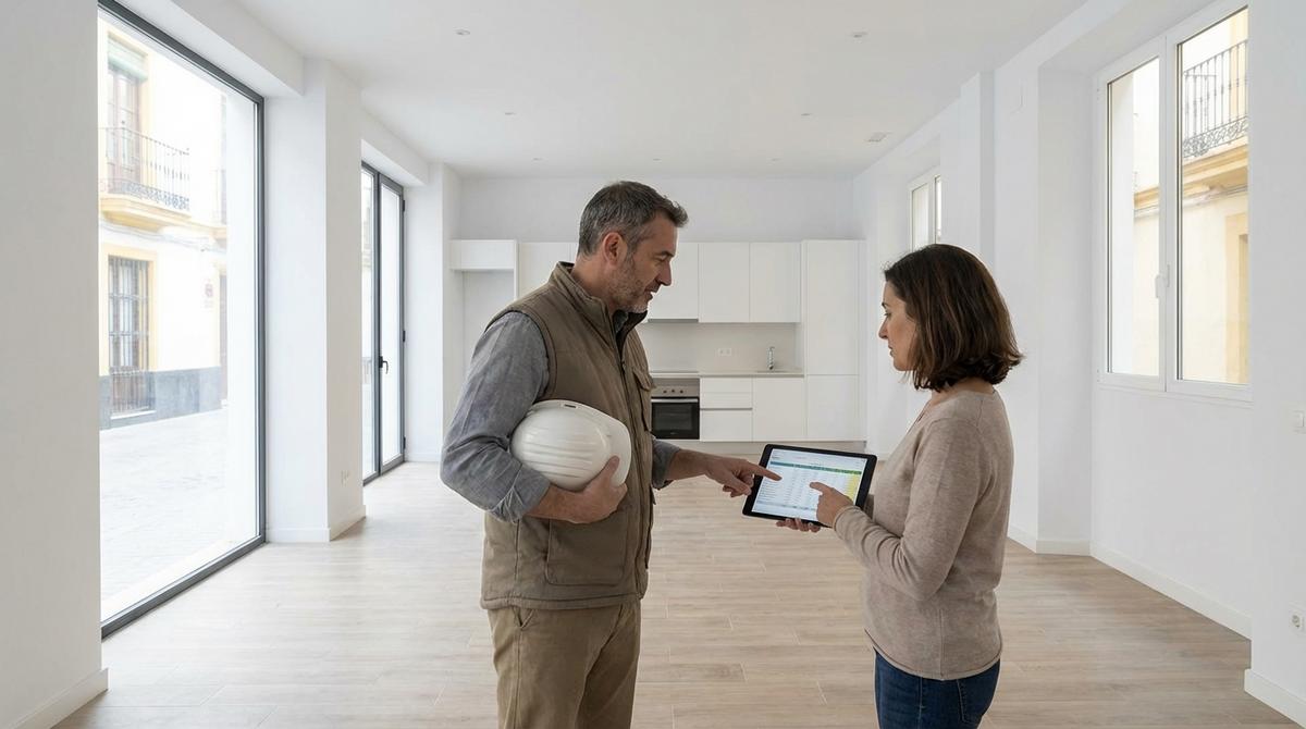 Reformista y propietaria revisando el presupuesto en un antiguo local de Sevilla convertido en vivienda moderna