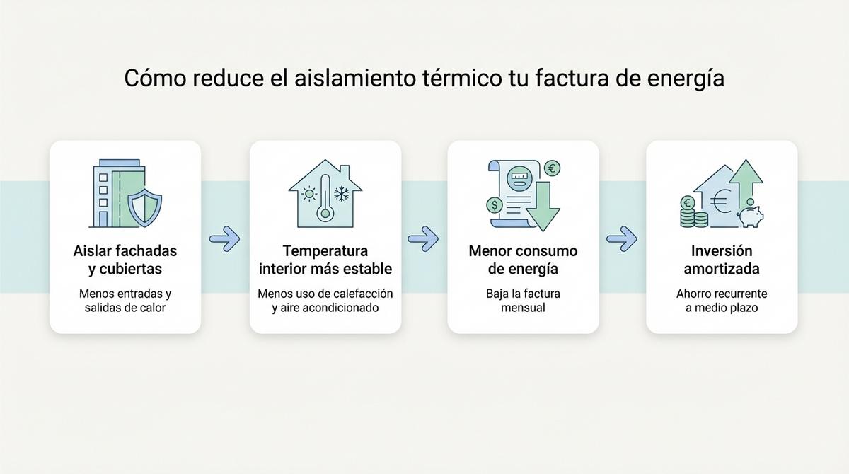 Diagrama de flujo que muestra cómo el aislamiento térmico integral reduce el consumo de energía y la factura mensual.
