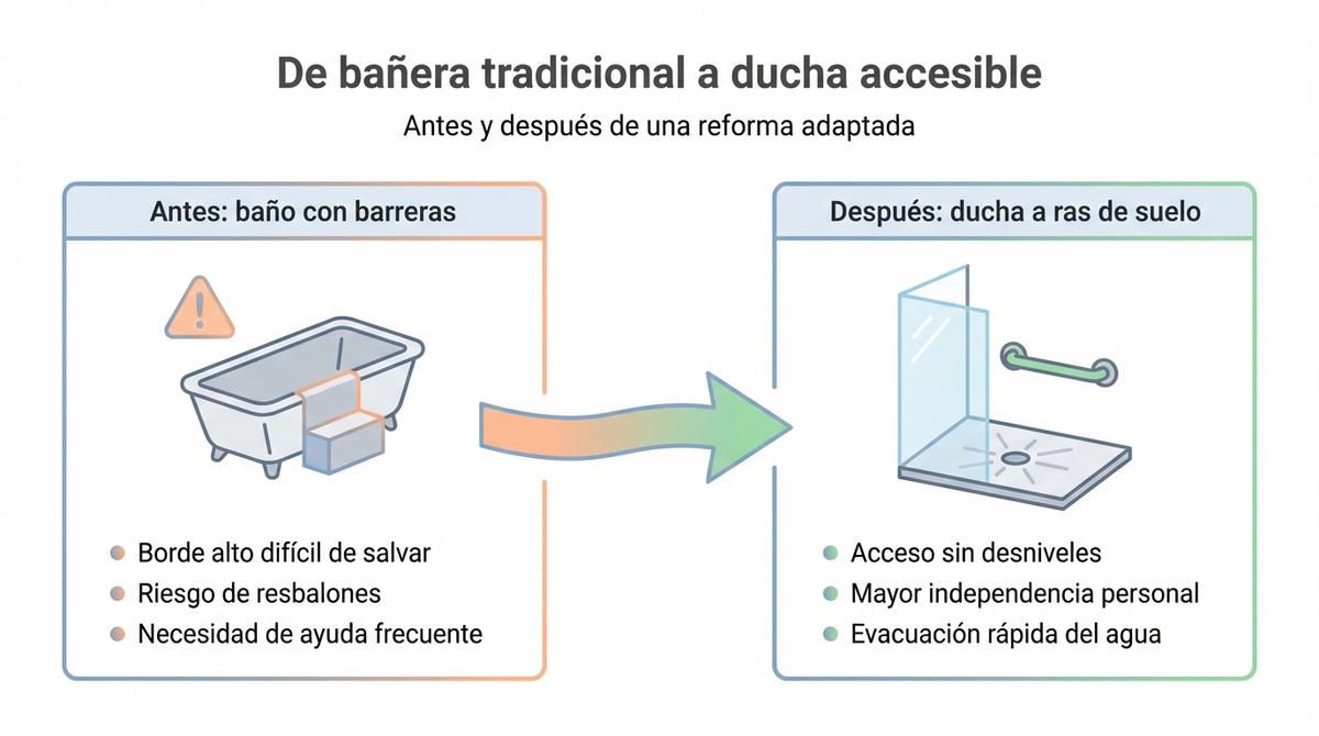 Diagrama que compara un baño con bañera tradicional frente a una ducha a ras de suelo accesible.