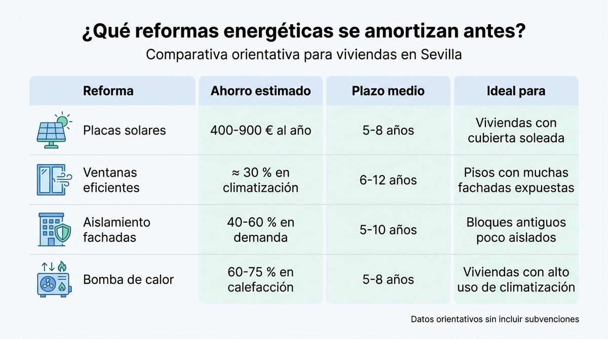 Infografía comparativa de ahorro y plazos de amortización de distintas reformas energéticas en Sevilla.