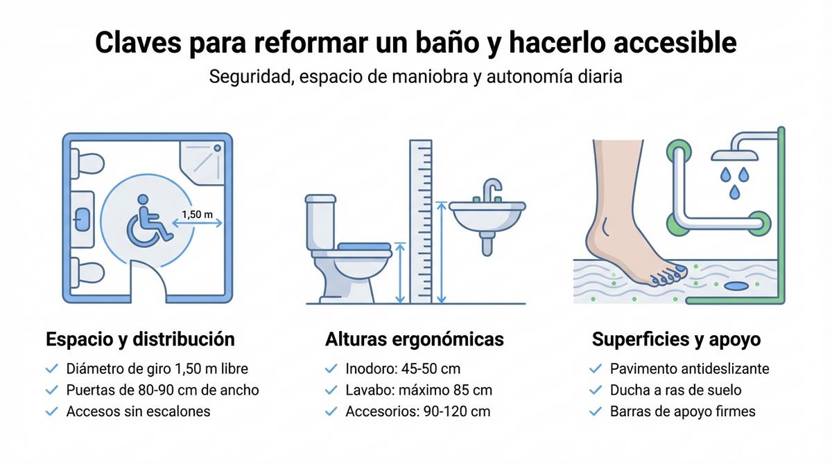Infografía con las claves principales para reformar un baño y hacerlo accesible, organizada en tres columnas con iconos y viñetas.