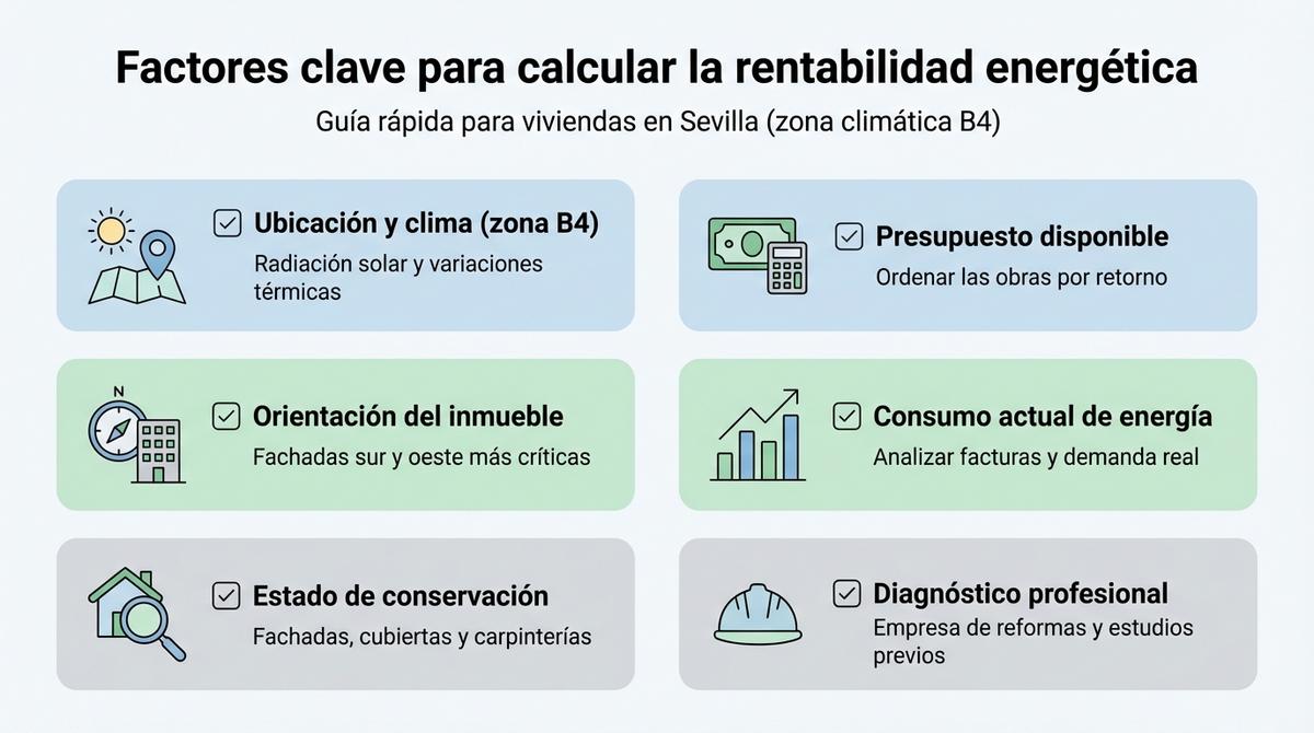 Infografía con los factores clave para calcular la rentabilidad de reformas energéticas en viviendas de Sevilla.