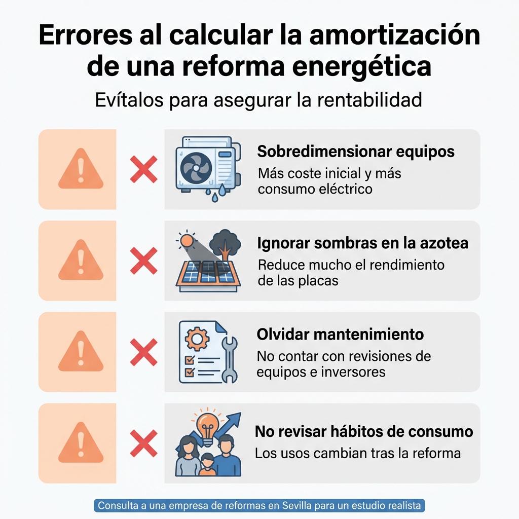 Infografía en formato checklist con los errores más habituales al calcular la amortización de reformas energéticas.