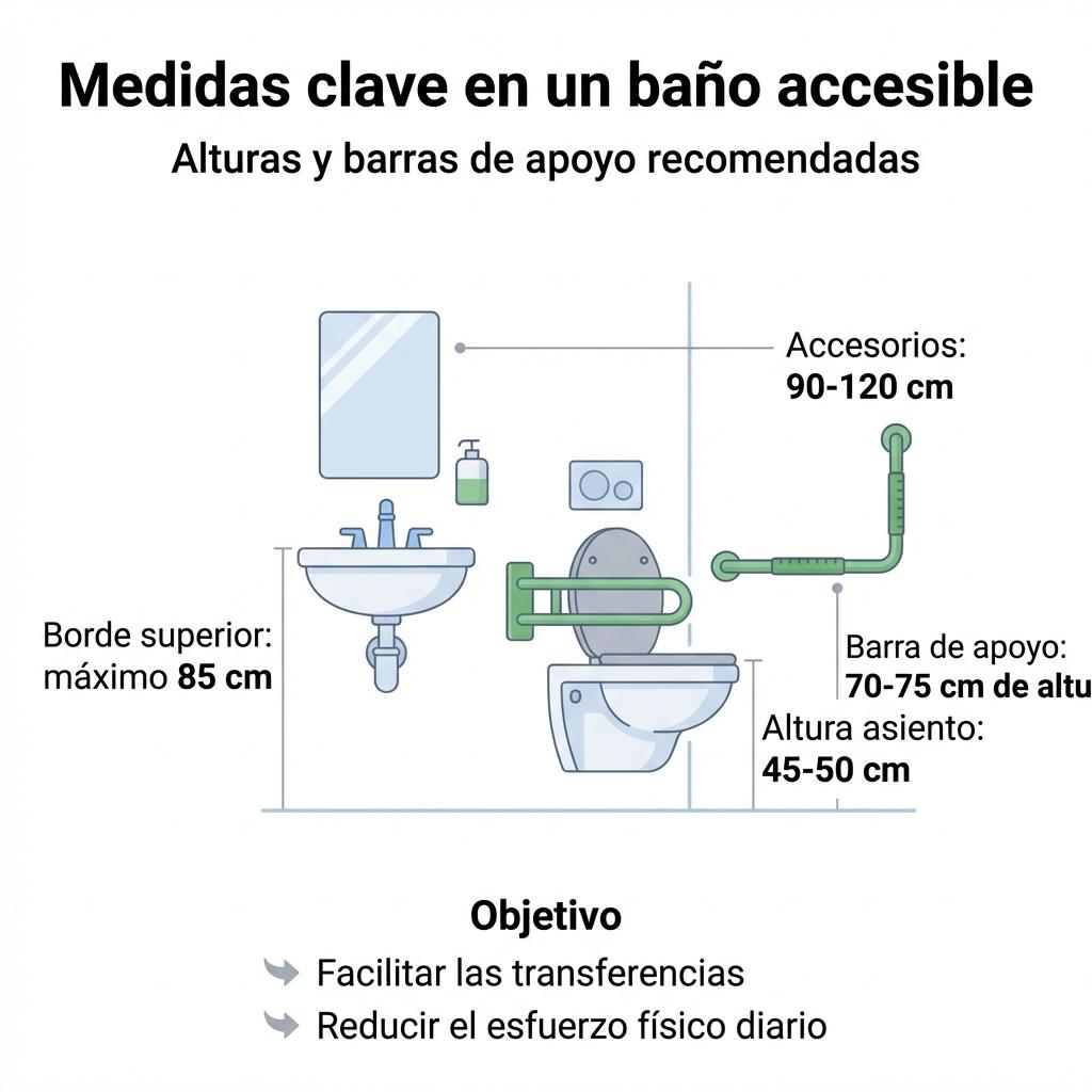 Infografía que muestra las alturas recomendadas de lavabo, inodoro, accesorios y barras de apoyo en un baño accesible.