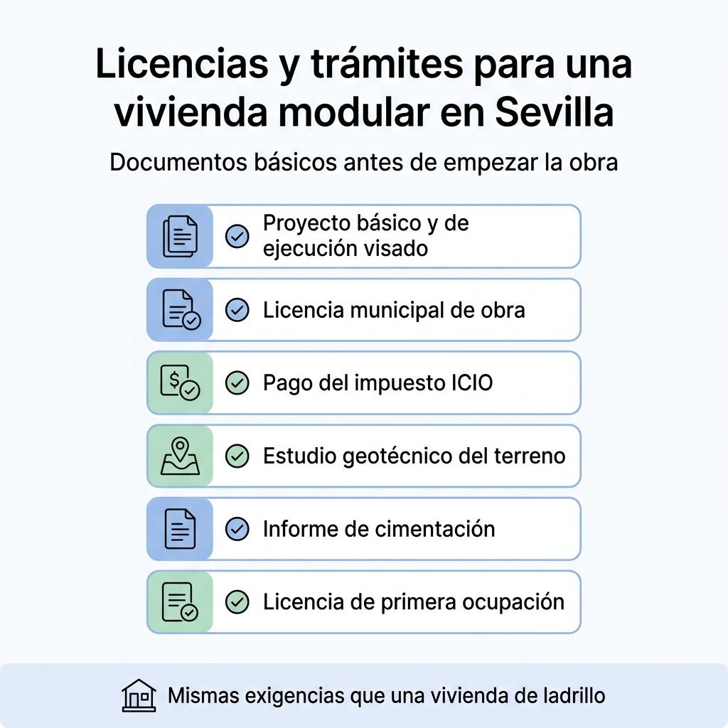 Diagrama con la lista de licencias y trámites necesarios para una vivienda modular de hormigón en Sevilla.