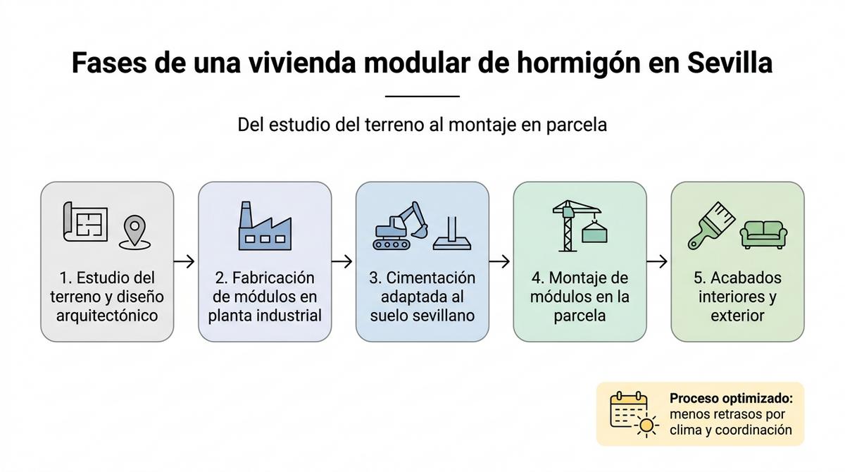 Diagrama de las fases principales de un proyecto de construcción modular de hormigón en Sevilla.