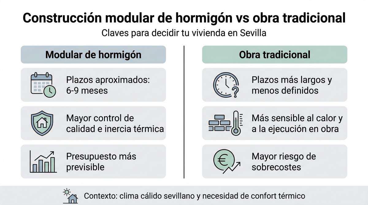 Infografía comparativa entre construcción modular de hormigón y obra tradicional aplicada a viviendas en Sevilla.