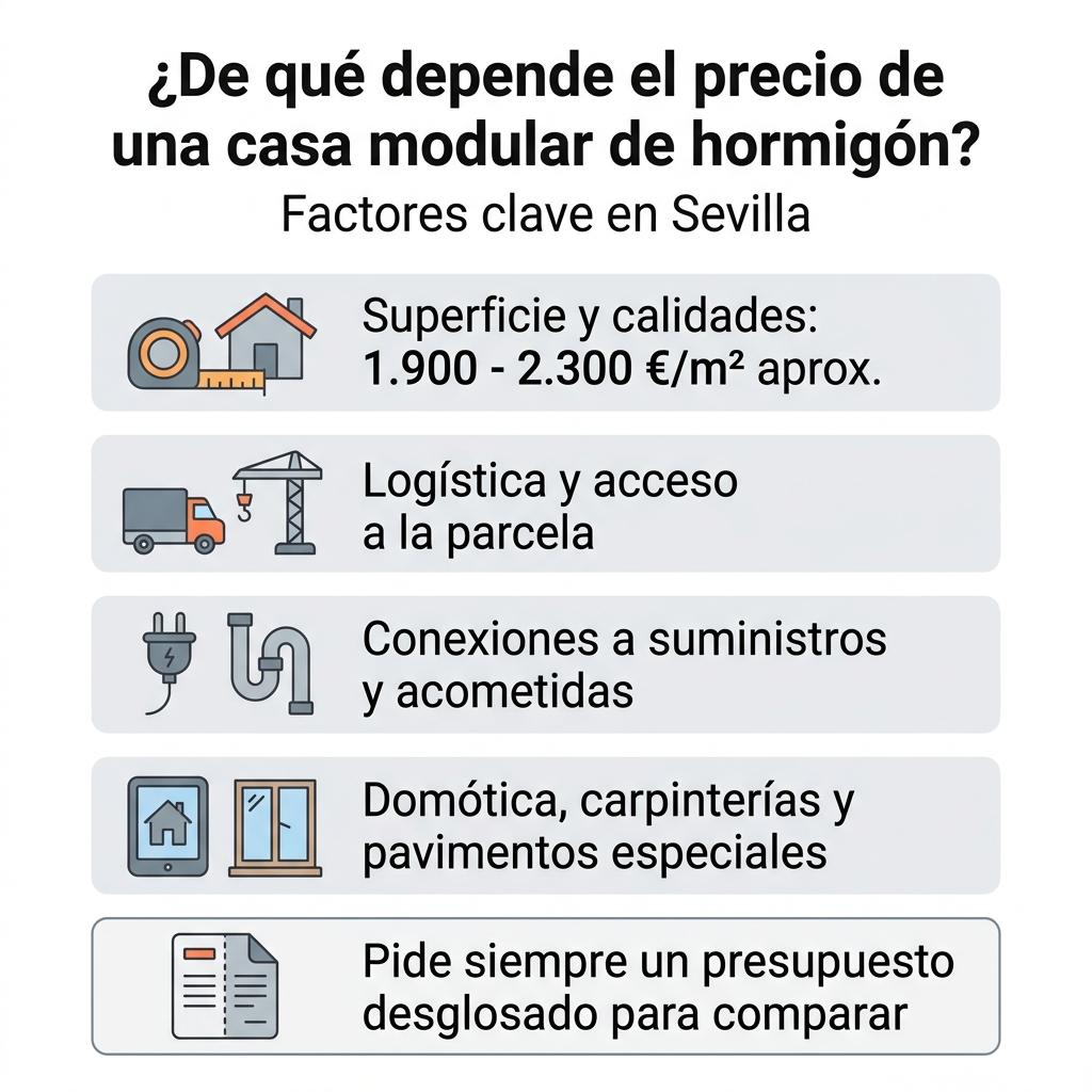 Infografía sobre los principales factores que influyen en el precio de una casa modular de hormigón en Sevilla.