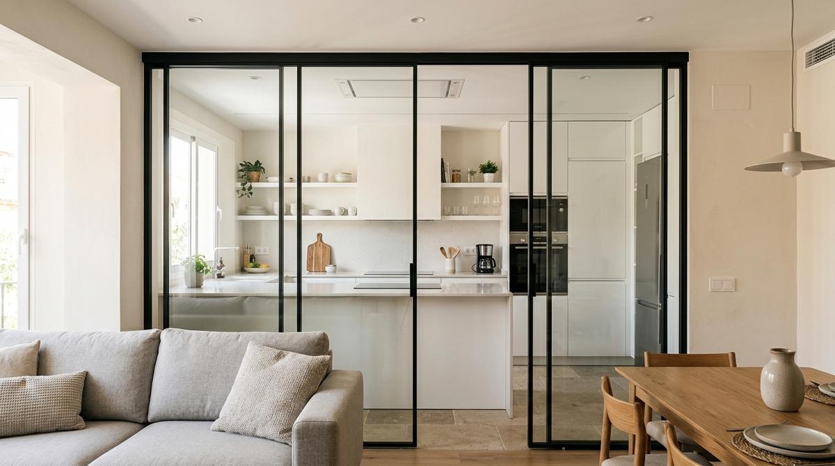 Cocina moderna semiabierta al salón mediante un cerramiento de cristal con perfiles negros
