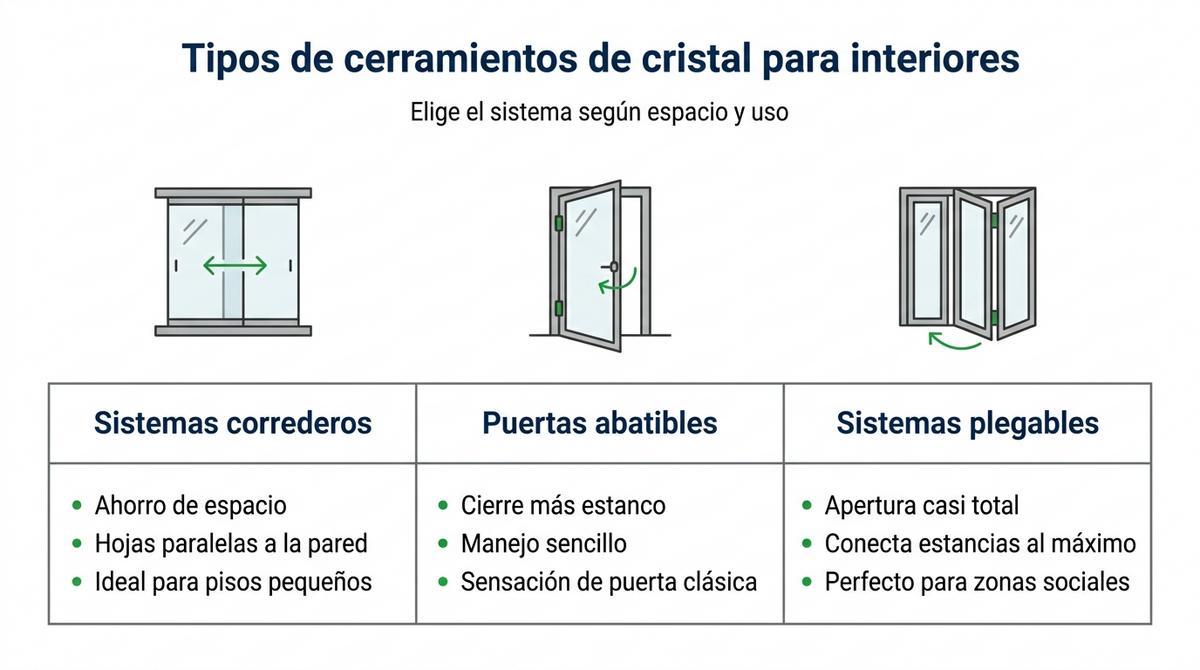 Diagrama comparativo de sistemas correderos, abatibles y plegables para cerramientos de cristal interiores