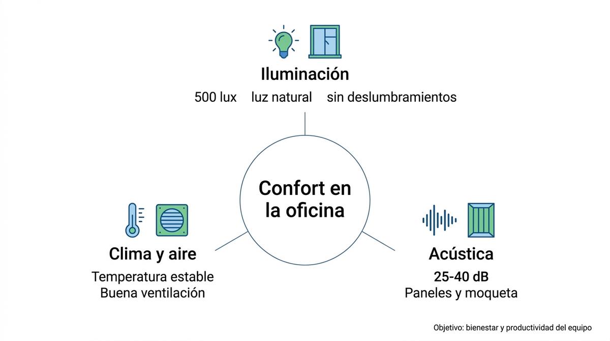 Diagrama sobre iluminación, clima y acústica como pilares del confort en oficinas.