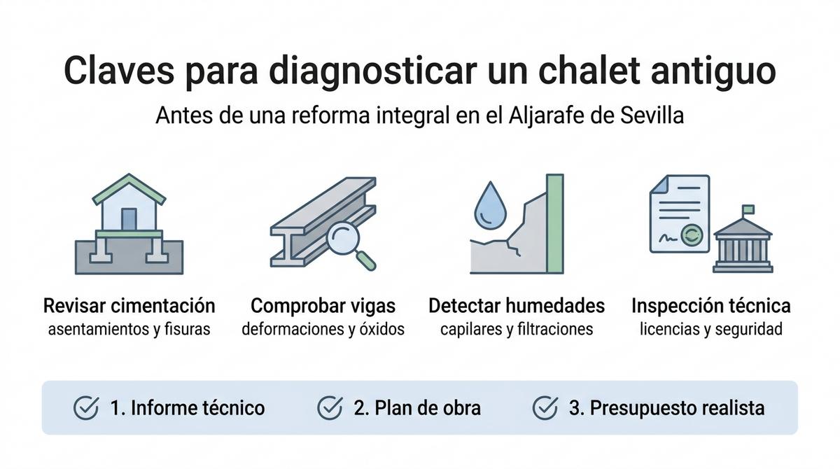 Esquema visual con los puntos clave para diagnosticar el estado de un chalet antiguo antes de una reforma