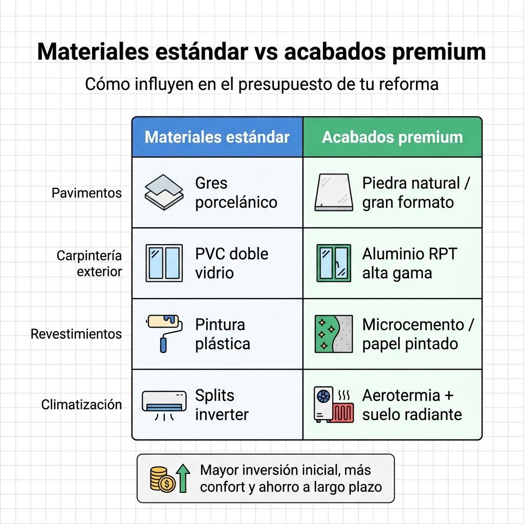 Infografía comparativa entre materiales estándar y acabados premium en la reforma de un chalet
