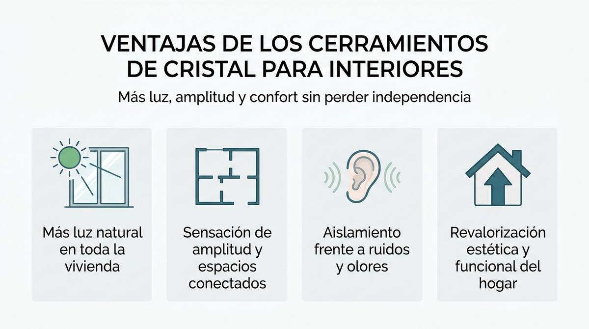 Infografía con cuatro beneficios clave de instalar cerramientos de cristal en interiores