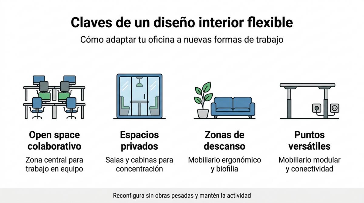 Infografía con las claves de un diseño interior flexible para oficinas modernas.
