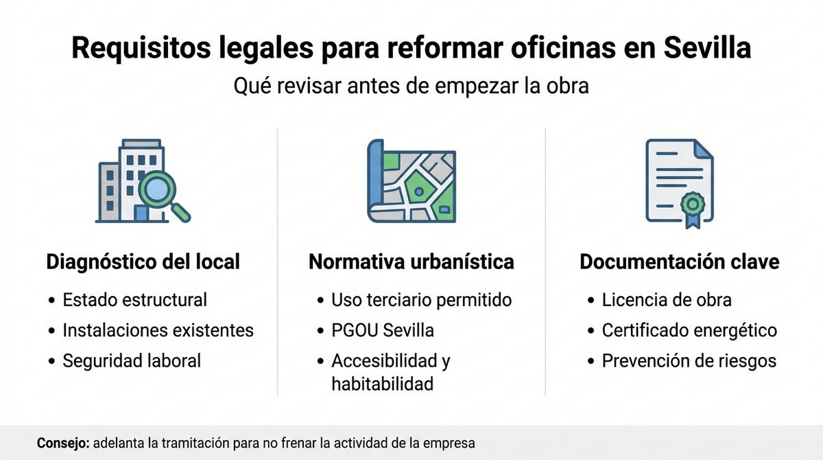 Infografía con los requisitos legales básicos para reformar oficinas en Sevilla.