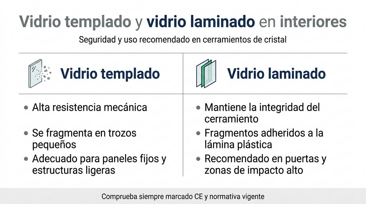 Infografía que compara el vidrio templado y el vidrio laminado para usos interiores