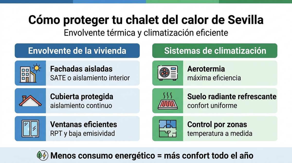 Infografía sobre aislamiento de fachadas y cubiertas y sistemas de climatización eficientes para chalets